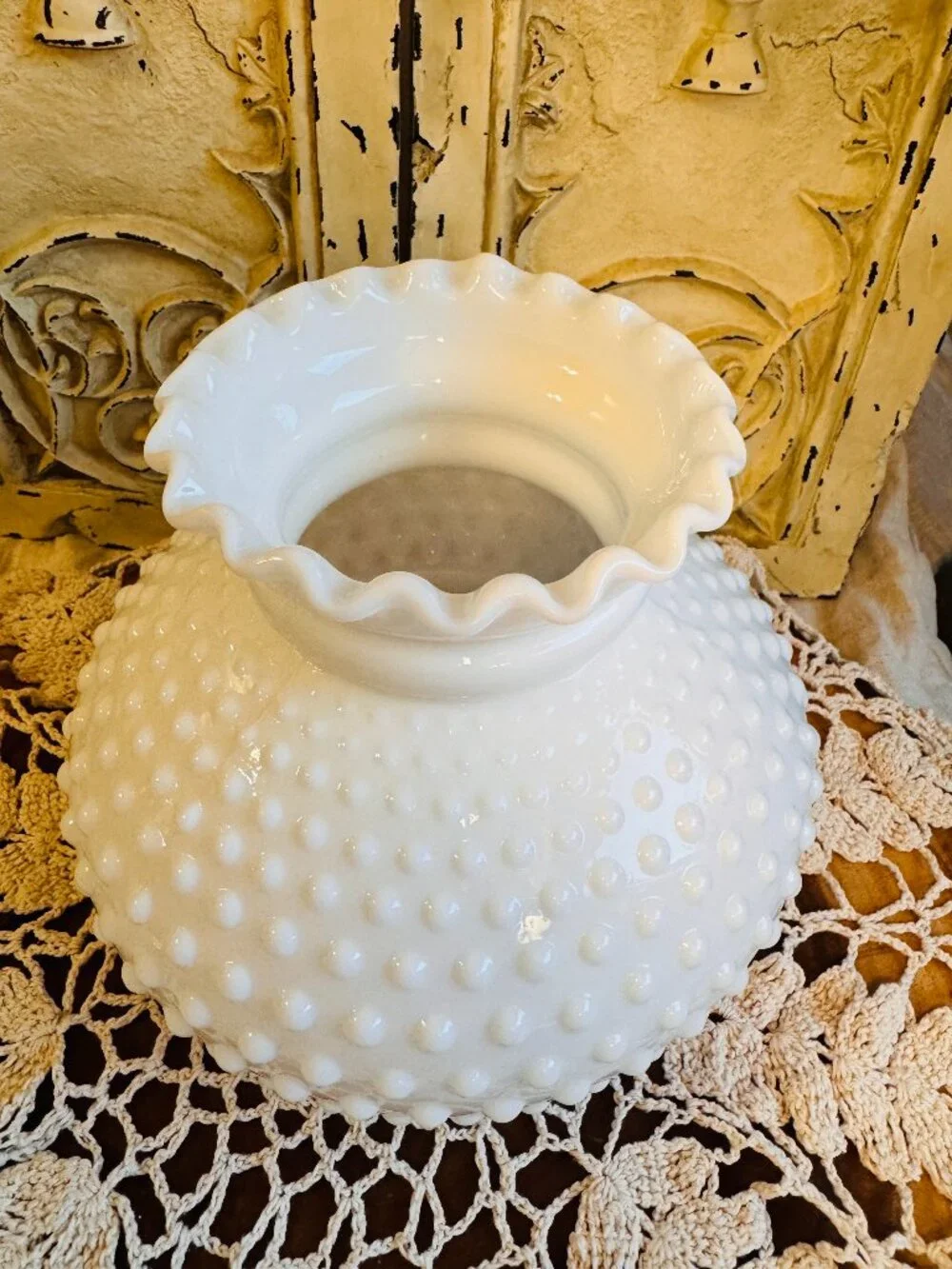 Opal Glass Hobnail Lamp Shade, Crimped Top, 10 inch fitter 1950s Vintage